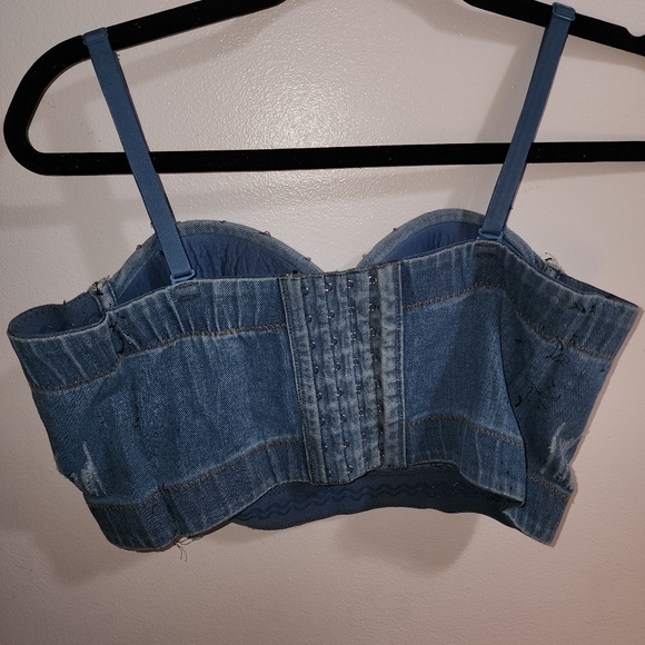 Denim Corset Top with Rhinestoned Fringe - Picture 2 of 4